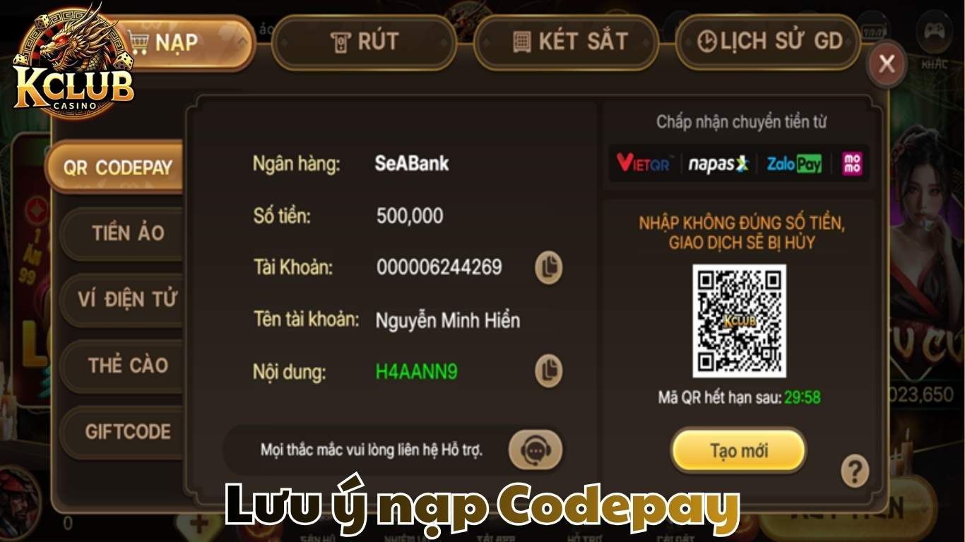 Lưu ý quan trong khi nạp tiền Codepay Lưu ý quan trong khi nạp tiền Codepay